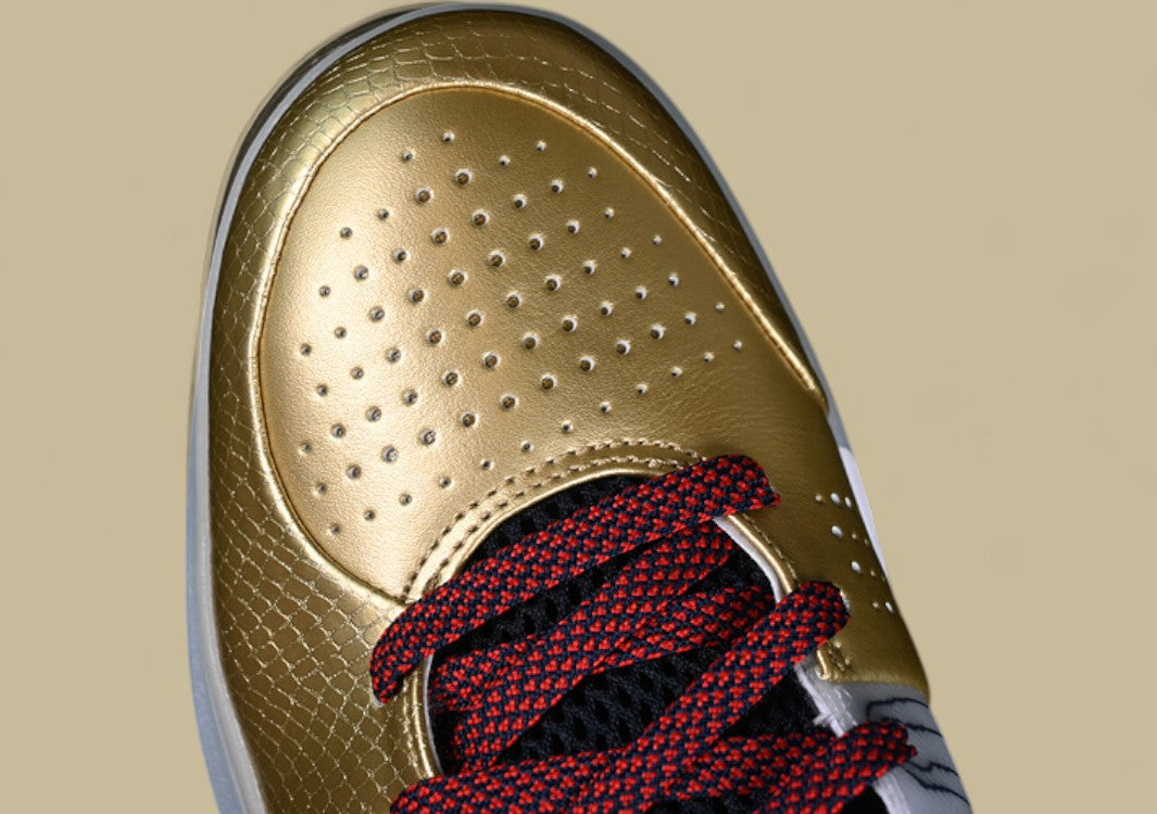Nike Kobe "White Dark Obsidian Varsity Red Metallic Gold" Premium Pinstripe Detailing and Championship Gold Accents