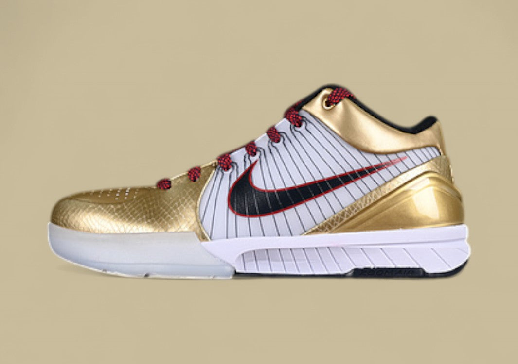 Nike Kobe "White Dark Obsidian Varsity Red Metallic Gold" Premium Pinstripe Detailing and Championship Gold Accents