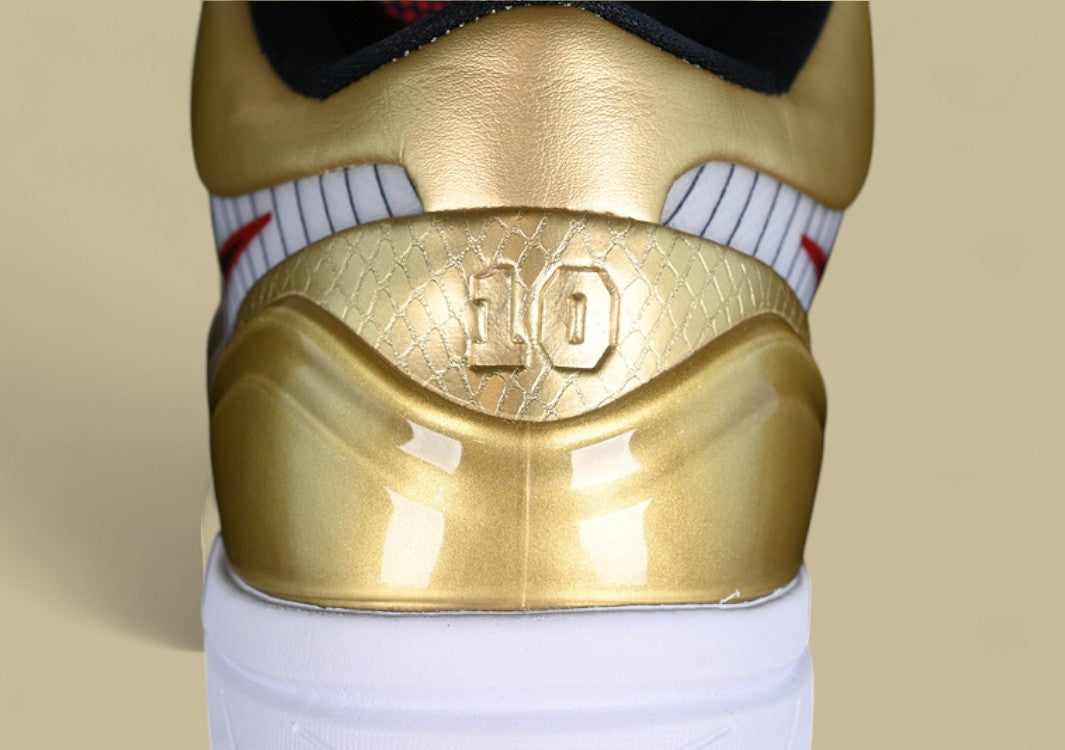 Nike Kobe "White Dark Obsidian Varsity Red Metallic Gold" Premium Pinstripe Detailing and Championship Gold Accents