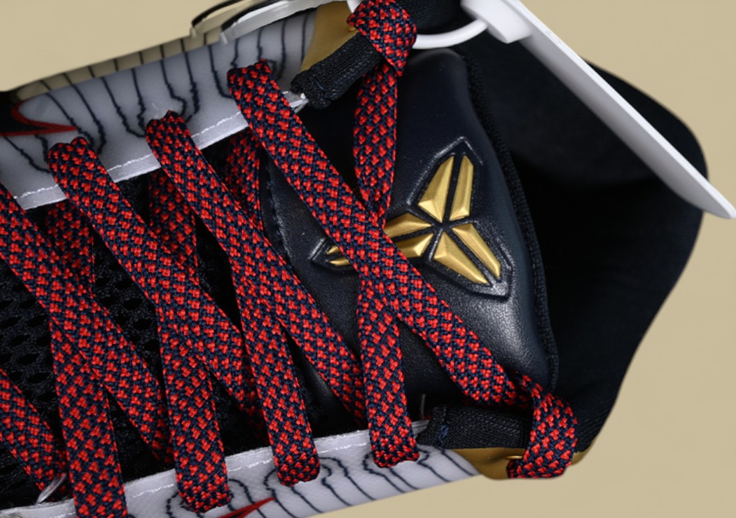 Nike Kobe "White Dark Obsidian Varsity Red Metallic Gold" Premium Pinstripe Detailing and Championship Gold Accents