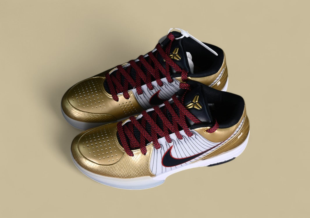 Nike Kobe "White Dark Obsidian Varsity Red Metallic Gold" Premium Pinstripe Detailing and Championship Gold Accents