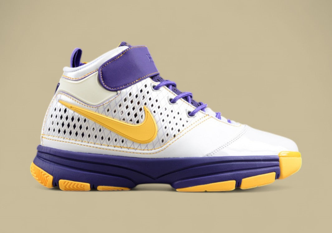Nike Kobe White Gold Purple Mid-top Basketball Shoes With Classic Lakers-inspired Colorway