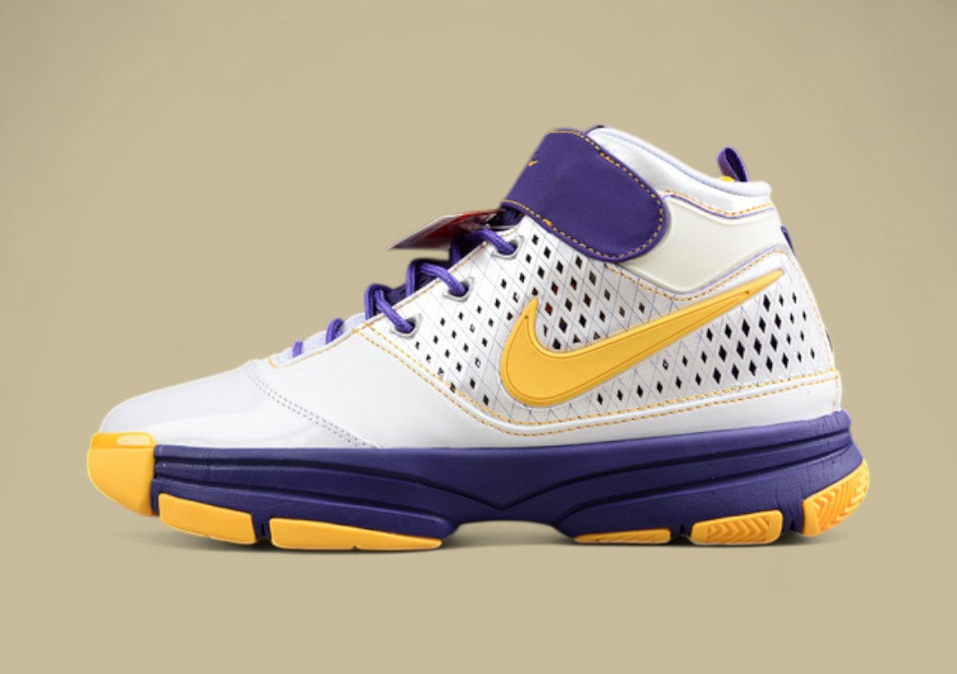 Nike Kobe White Gold Purple Mid-top Basketball Shoes With Classic Lakers-inspired Colorway