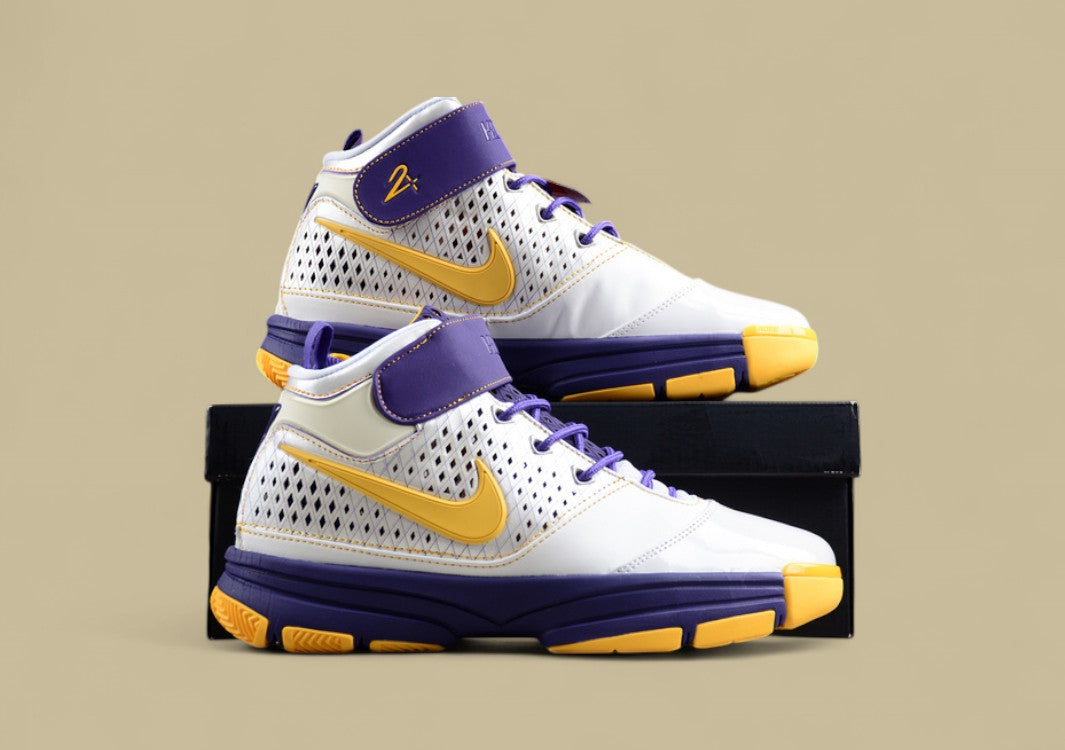 Nike Kobe White Gold Purple Mid-top Basketball Shoes With Classic Lakers-inspired Colorway