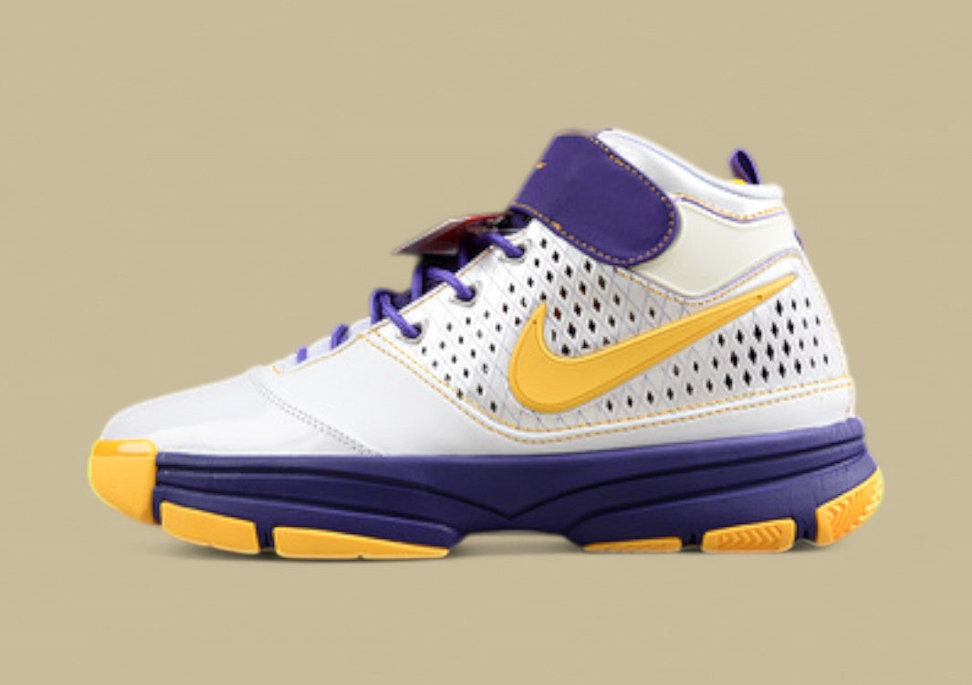 Nike Kobe White Gold Purple Mid-top Basketball Shoes With Classic Lakers-inspired Colorway