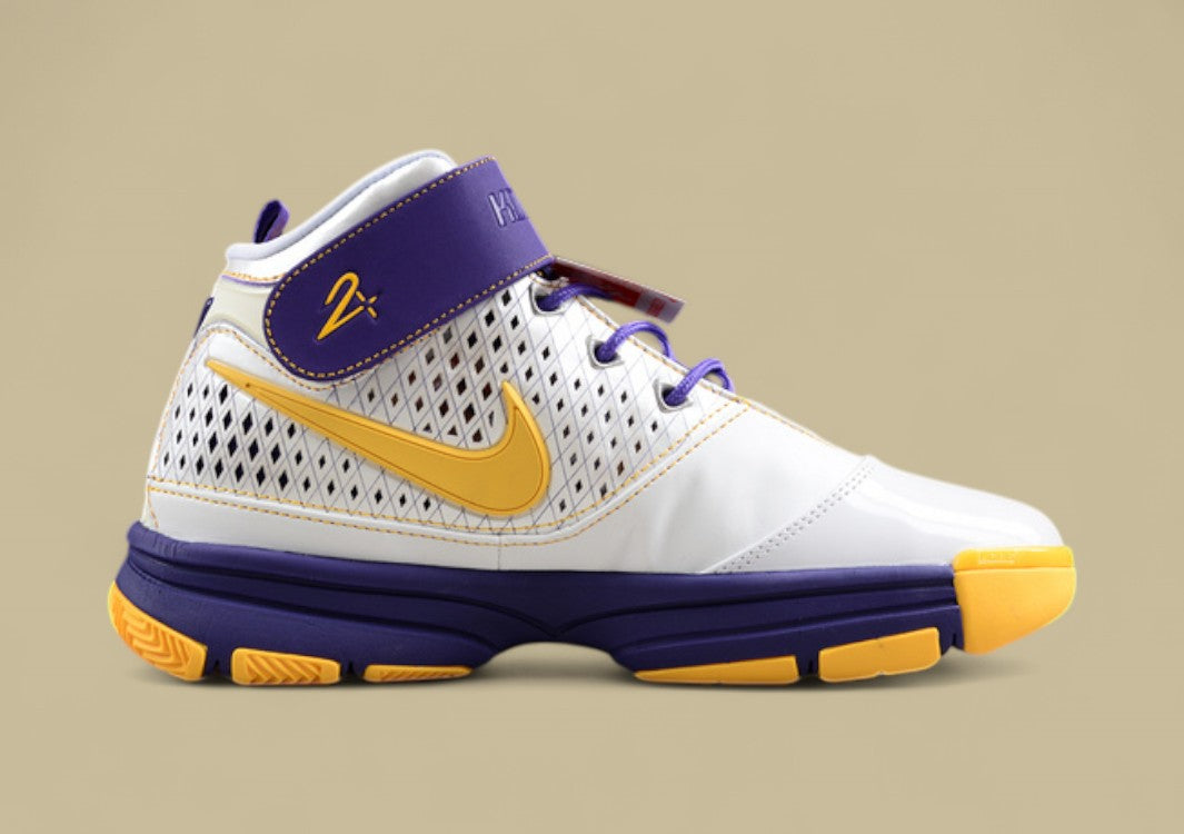 Nike Kobe White Gold Purple Mid-top Basketball Shoes With Classic Lakers-inspired Colorway