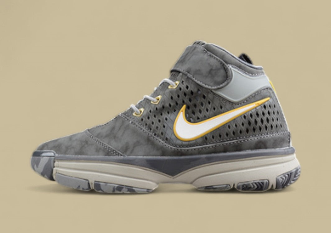 Nike Kobe White Grey Yellow Mid-top Basketball Shoes With Perforated Panels and Camo Outsole
