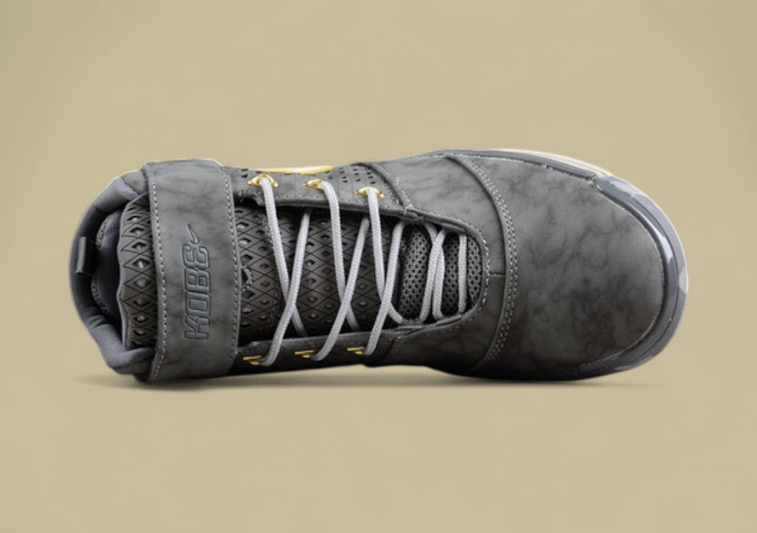 Nike Kobe White Grey Yellow Mid-top Basketball Shoes With Perforated Panels and Camo Outsole