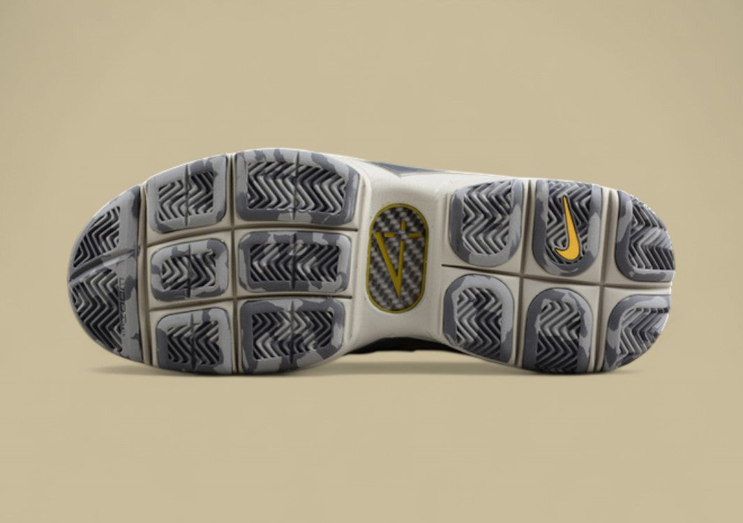 Nike Kobe White Grey Yellow Mid-top Basketball Shoes With Perforated Panels and Camo Outsole
