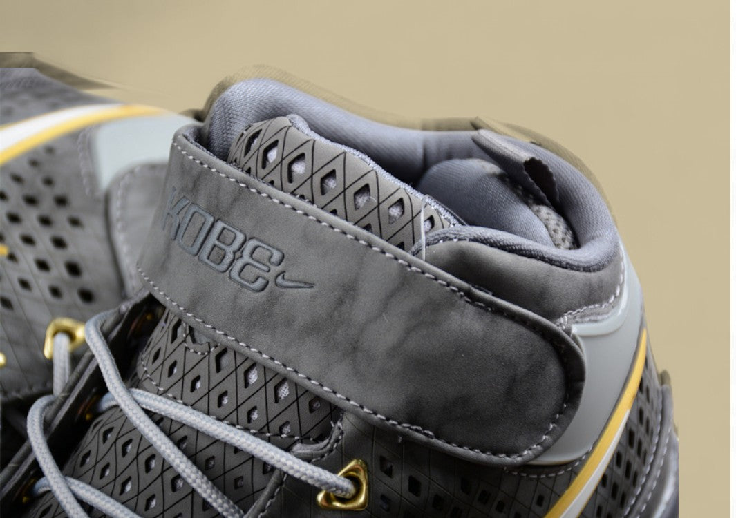 Nike Kobe White Grey Yellow Mid-top Basketball Shoes With Perforated Panels and Camo Outsole