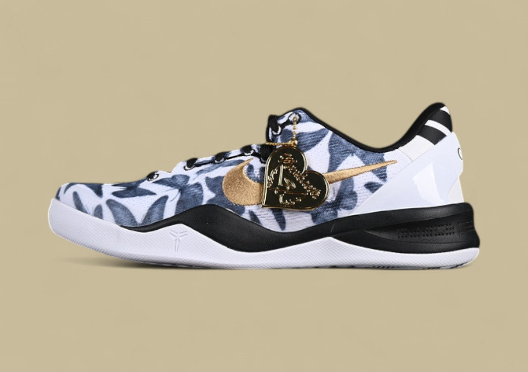 Nike Kobe "White Metallic Gold Black" Premium Floral Graphic Low-Top Basketball Shoe with Gold Accents