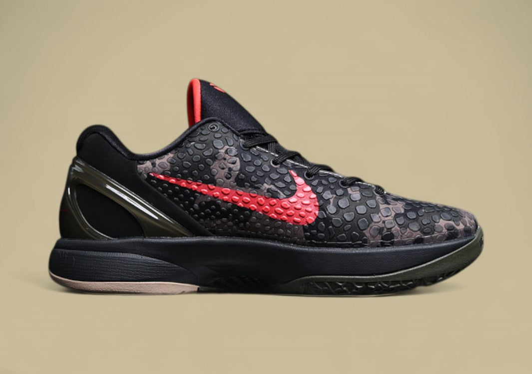 Nike Zoom Kobe "Black Crimson Bog Khaki" Bold Low-Top Basketball Shoe with Camouflage Accents