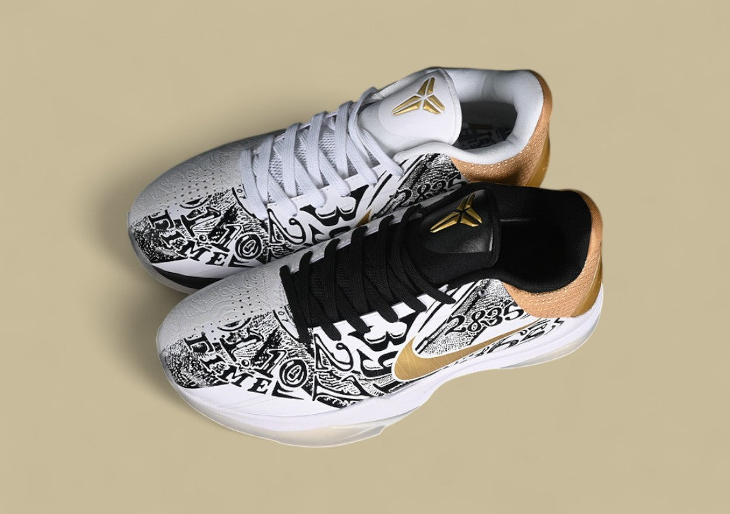Nike Zoom Kobe "White Metallic Gold Black" Bold Low-Top Basketball Shoe with Graphic Print and Luxe Accents