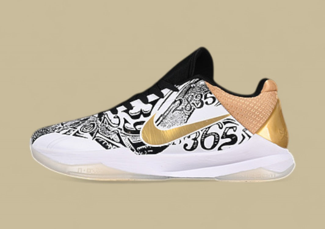 Nike Zoom Kobe "White Metallic Gold Black" Bold Low-Top Basketball Shoe with Graphic Print and Luxe Accents
