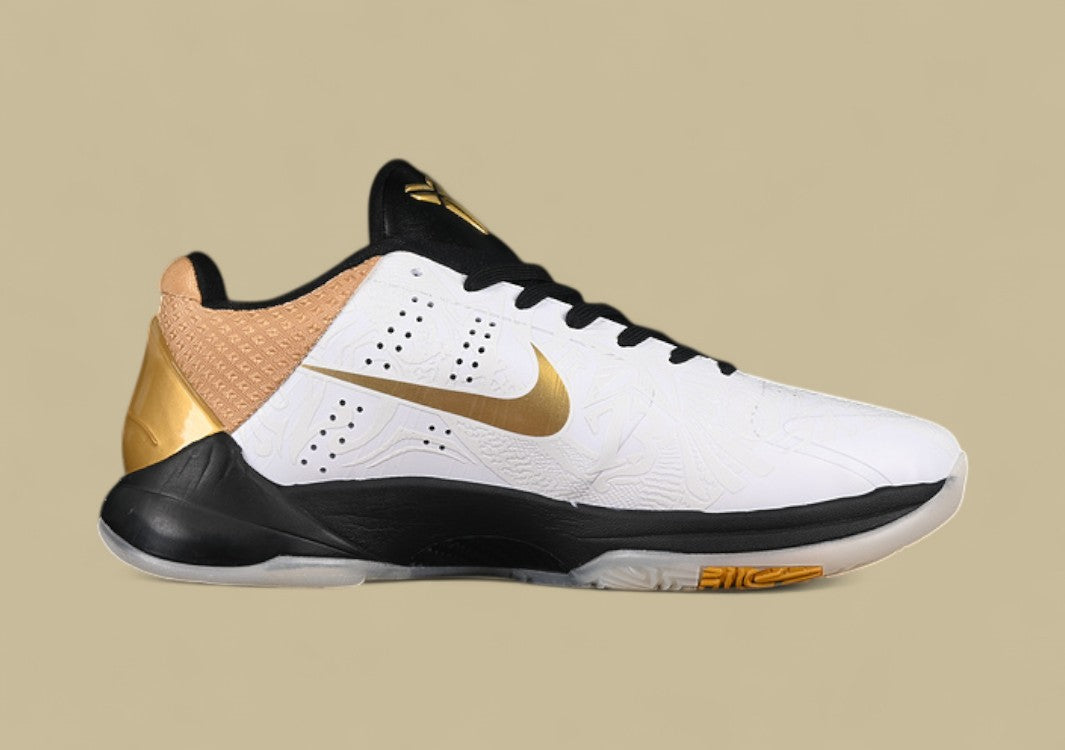 Nike Zoom Kobe "White Metallic Gold Black" Bold Low-Top Basketball Shoe with Graphic Print and Luxe Accents