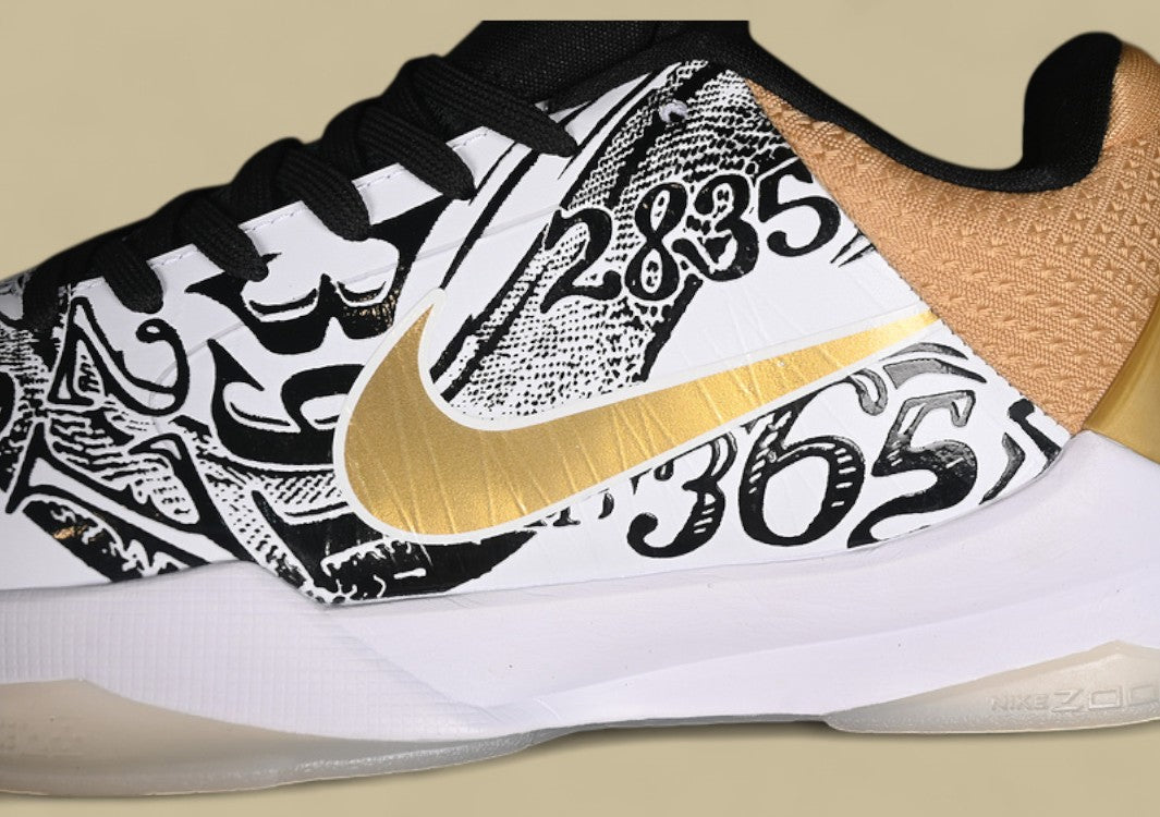 Nike Zoom Kobe "White Metallic Gold Black" Bold Low-Top Basketball Shoe with Graphic Print and Luxe Accents