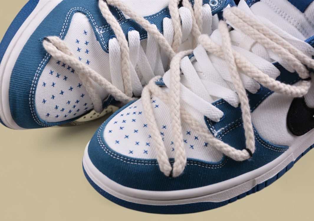 Nk Dunk Low Black and White Blue High Street Style Sashiko Embroidery Hemp Rope Deconstruction Sb Strap Low-top Casual Sneakers