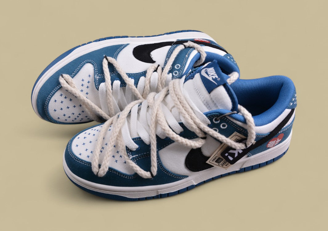Nk Dunk Low Black and White Blue High Street Style Sashiko Embroidery Hemp Rope Deconstruction Sb Strap Low-top Casual Sneakers