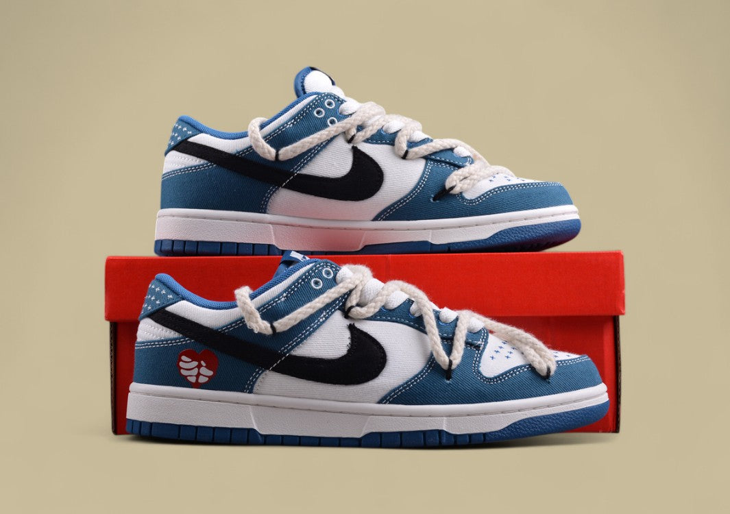 Nk Dunk Low Black and White Blue High Street Style Sashiko Embroidery Hemp Rope Deconstruction Sb Strap Low-top Casual Sneakers