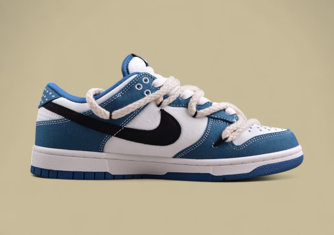 Nk Dunk Low Black and White Blue High Street Style Sashiko Embroidery Hemp Rope Deconstruction Sb Strap Low-top Casual Sneakers