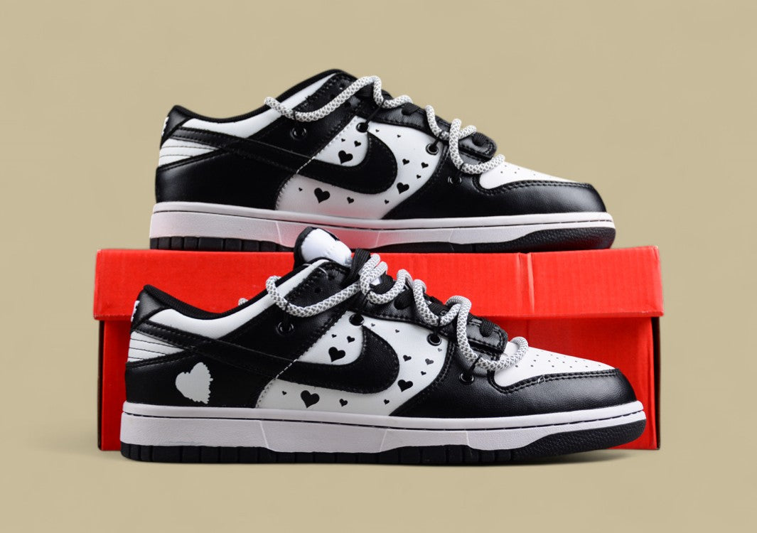 Nk Dunk Low Black and White Panda Valentine's Day Custom Deconstructed Lace-up Casual Sneakers