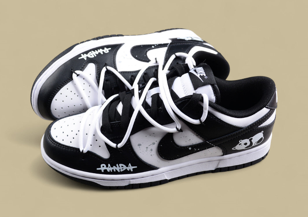 Nk Dunk Low "Panda" Black and White Panda Custom Deconstructed Lace-up Casual Sneakers