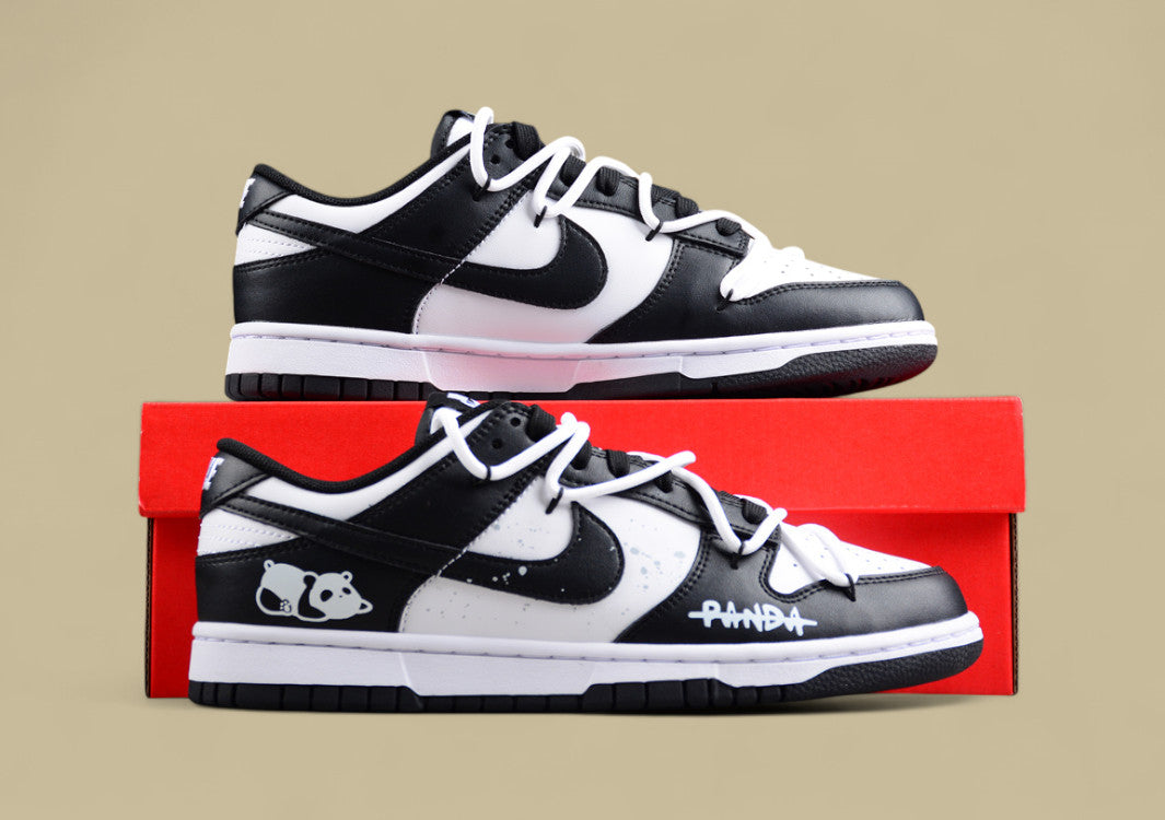 Nk Dunk Low "Panda" Black and White Panda Custom Deconstructed Lace-up Casual Sneakers