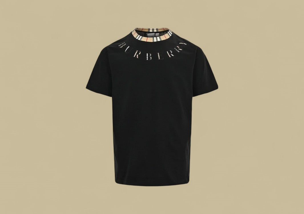 Burberry 24SS Plaid Neckline Embroidery Logo T-Shirt – Black